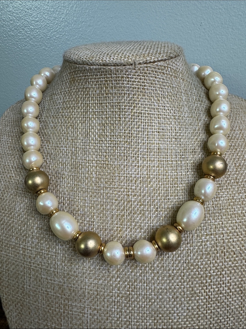 Vintage Ivory Pearl-Style and Gold Bead Necklace - Vintage